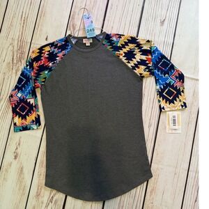 LuLaRoe Randy Tee XS Grey Heathered Aztec Geometric Print 3/4Sleeve Baseball Top
